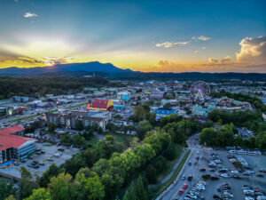The Island in Pigeon Forge fountain show and shops at sunset