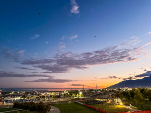 Hot air balloons at sunrise from the Observation Deck at the Balloon Museum