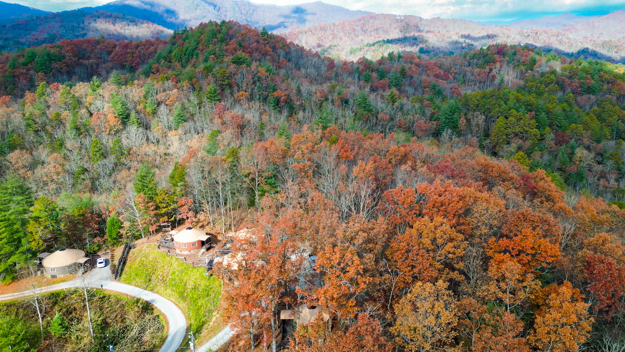 Sky Ridge Yurts review Junaluska Yurt Aerial view