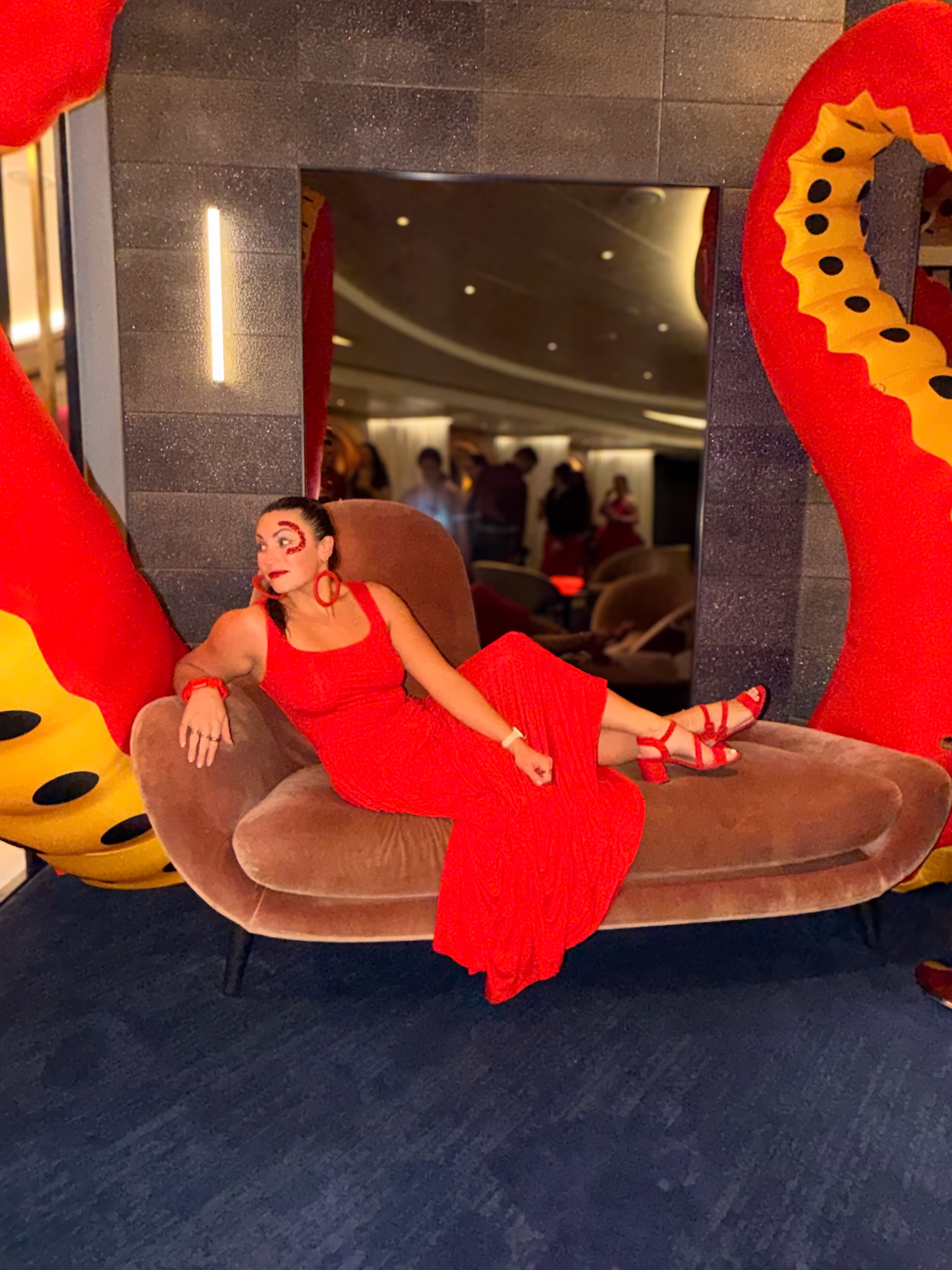 Best Photo Spots on Virgin Voyages Sip Lounge couch photo location