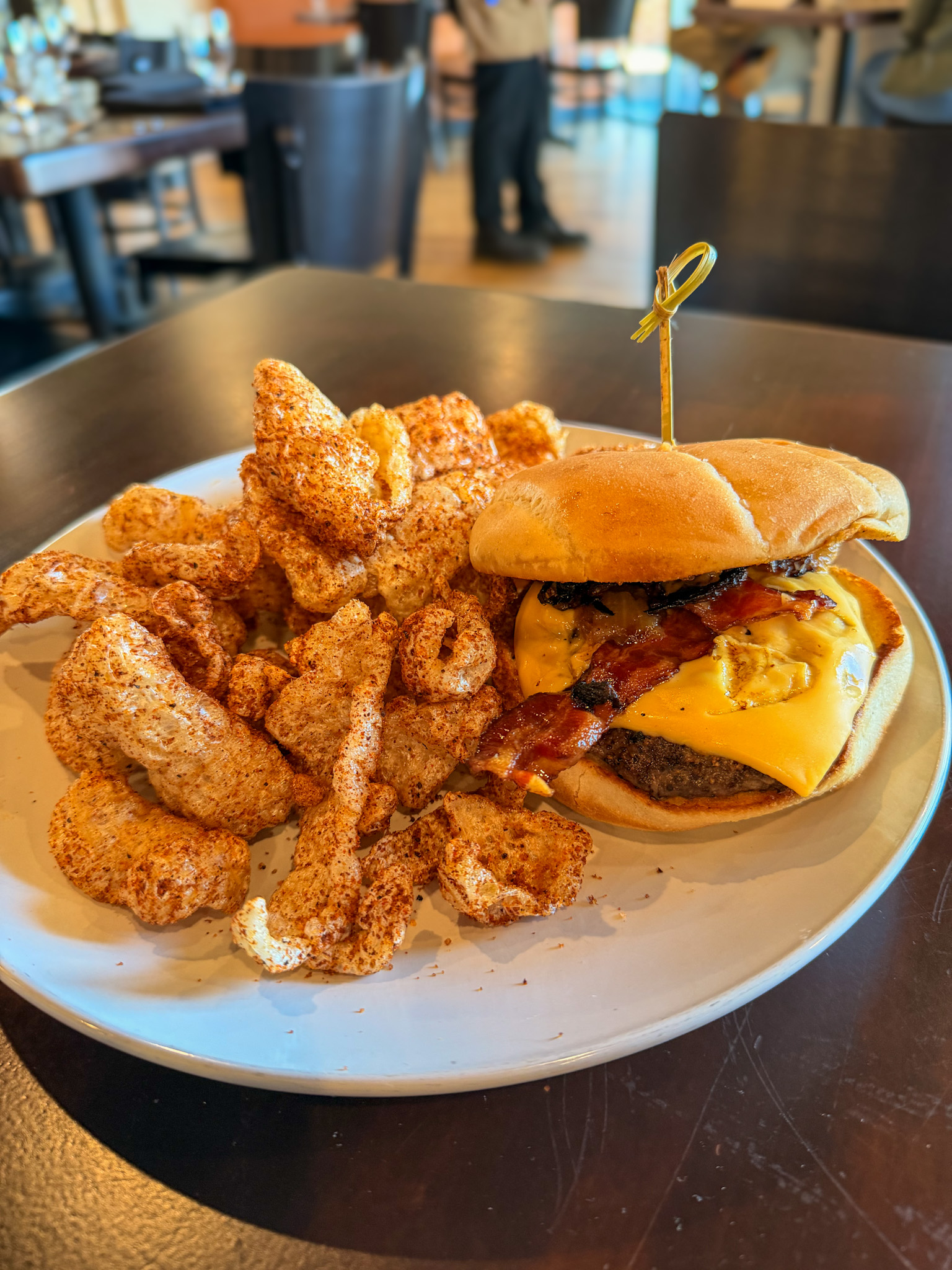 Fire & Salt Oak Ridge Tennessee cheeseburger with pork rinds