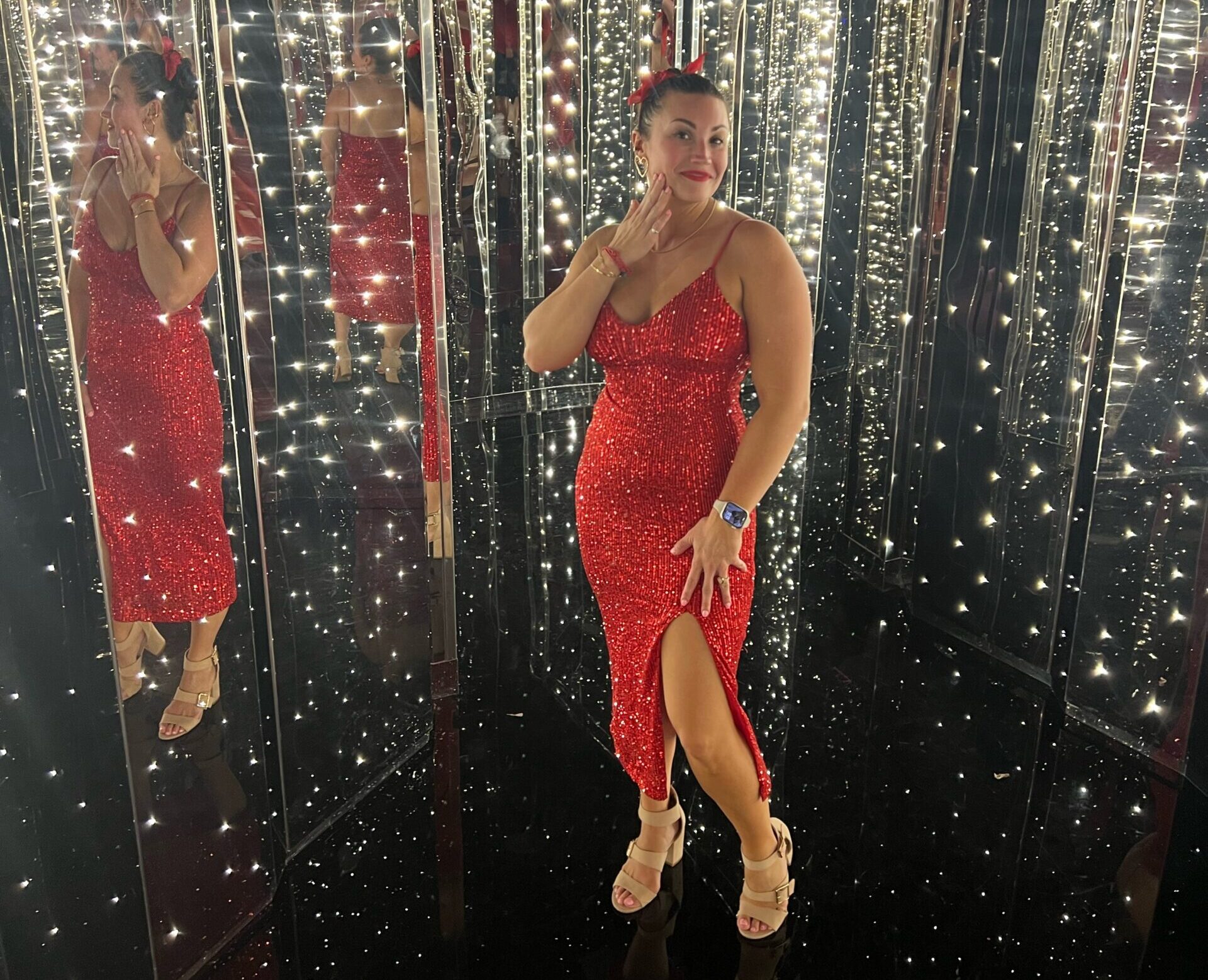 what to wear on a Virgin Voyages cruise Scarlet Night red dress