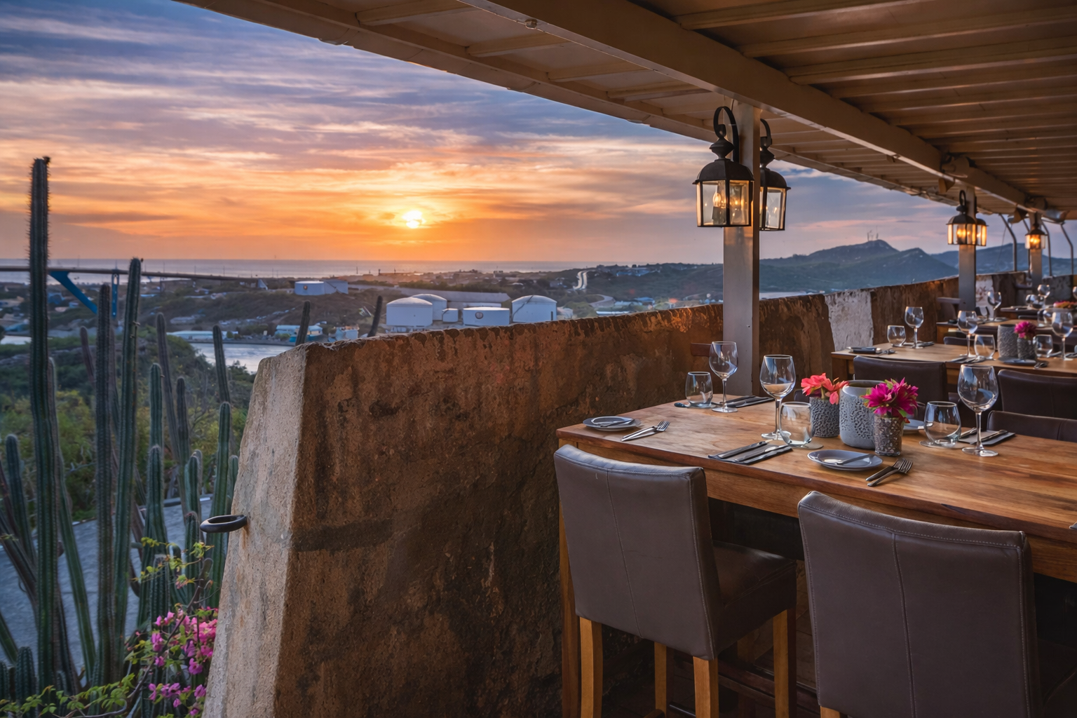 Fort Nassau Curaçao sunset view over Willemstad harbor and bridges