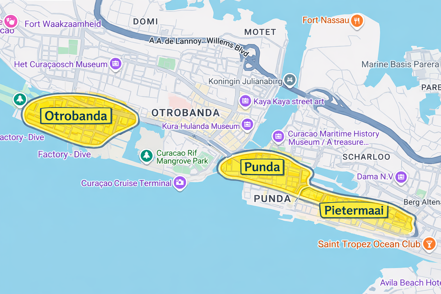 one day in Willemstad itinerary map of Punda Otrobanda Pietermaai