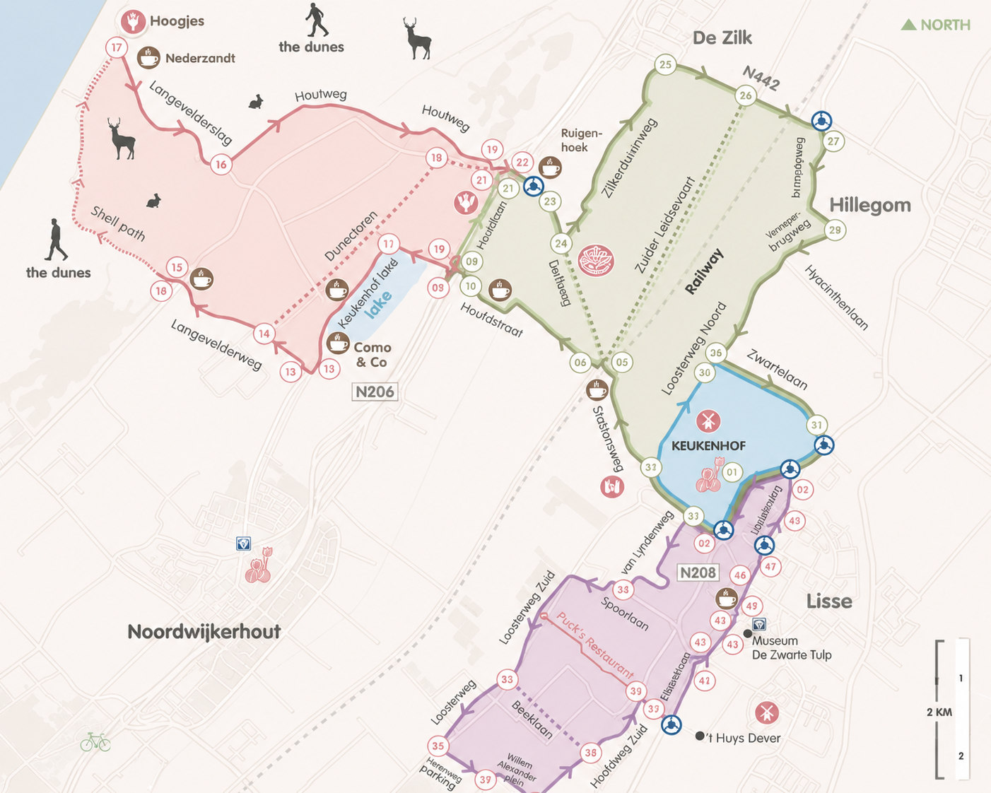 Tulip fields bike routes from Keukenhof with colorful flower rows beside the bike path map