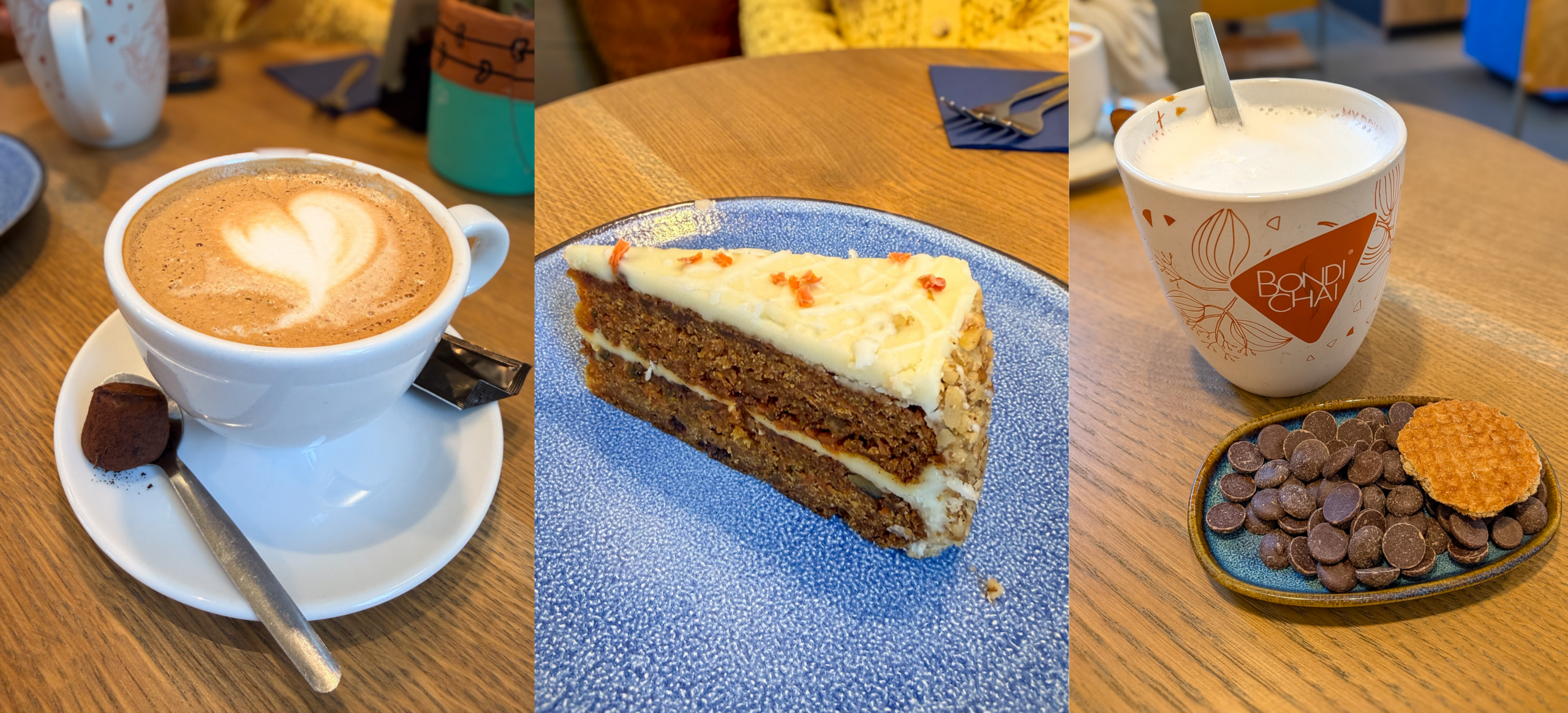 Fresh carrot cake and hot chocolate in Delft Netherlands café