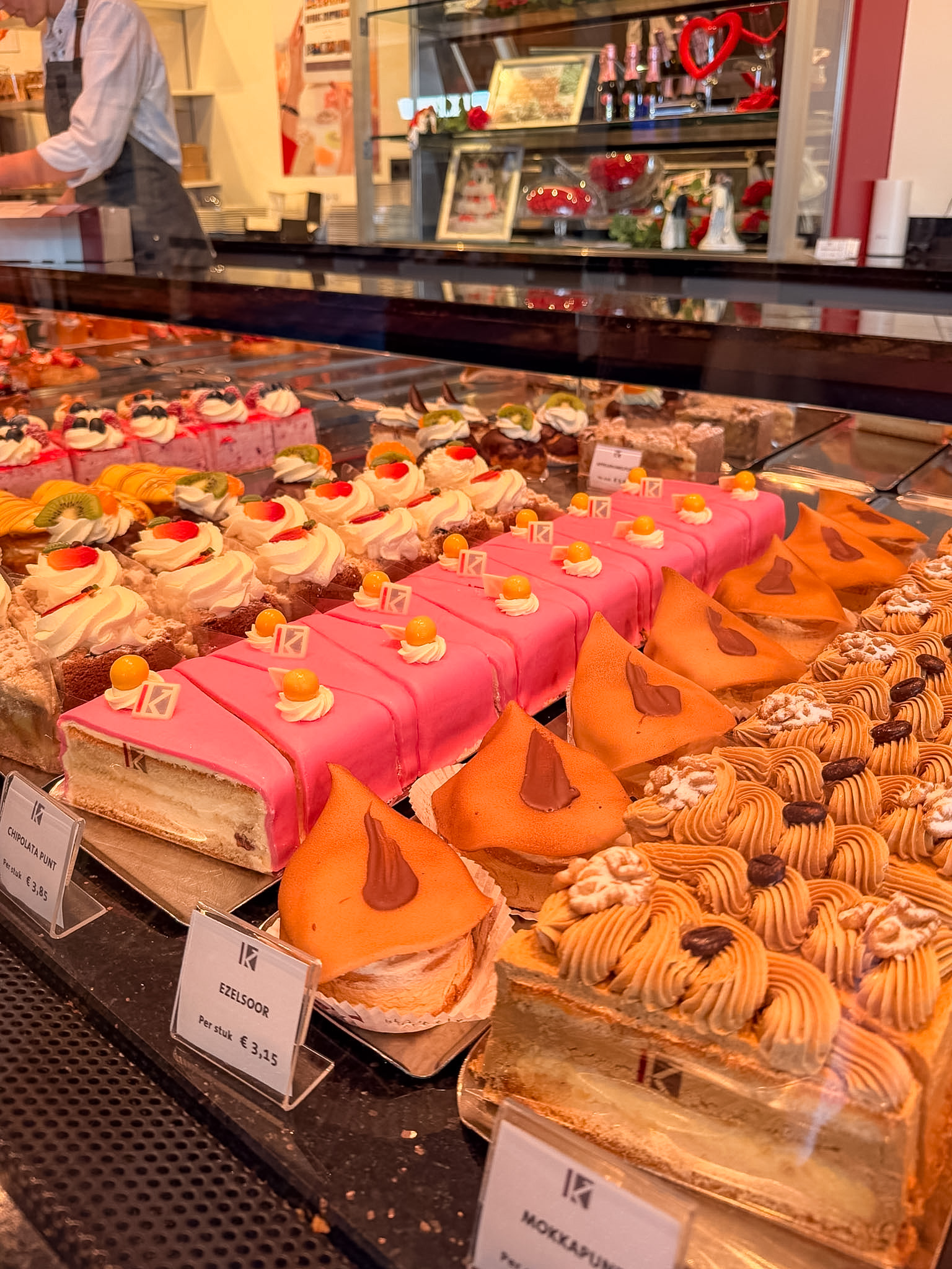 Wim Koelman Bakery Heemskerk pastry display with Dutch desserts and cakes