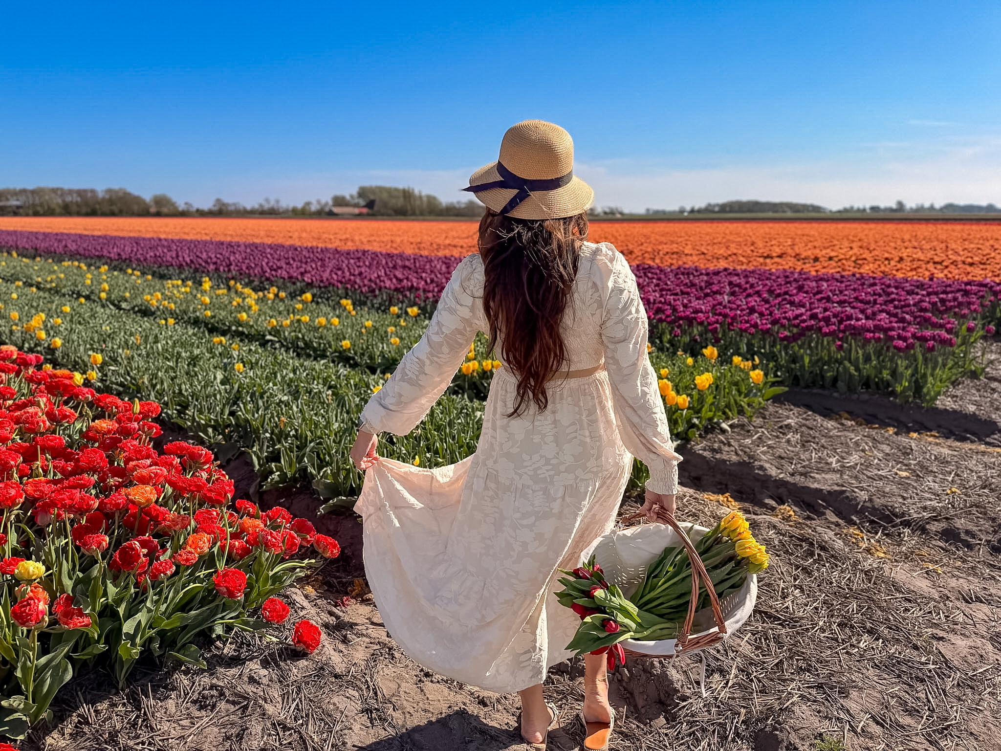Cute neutral outfit example for what to wear in the tulip fields Netherlands during spring