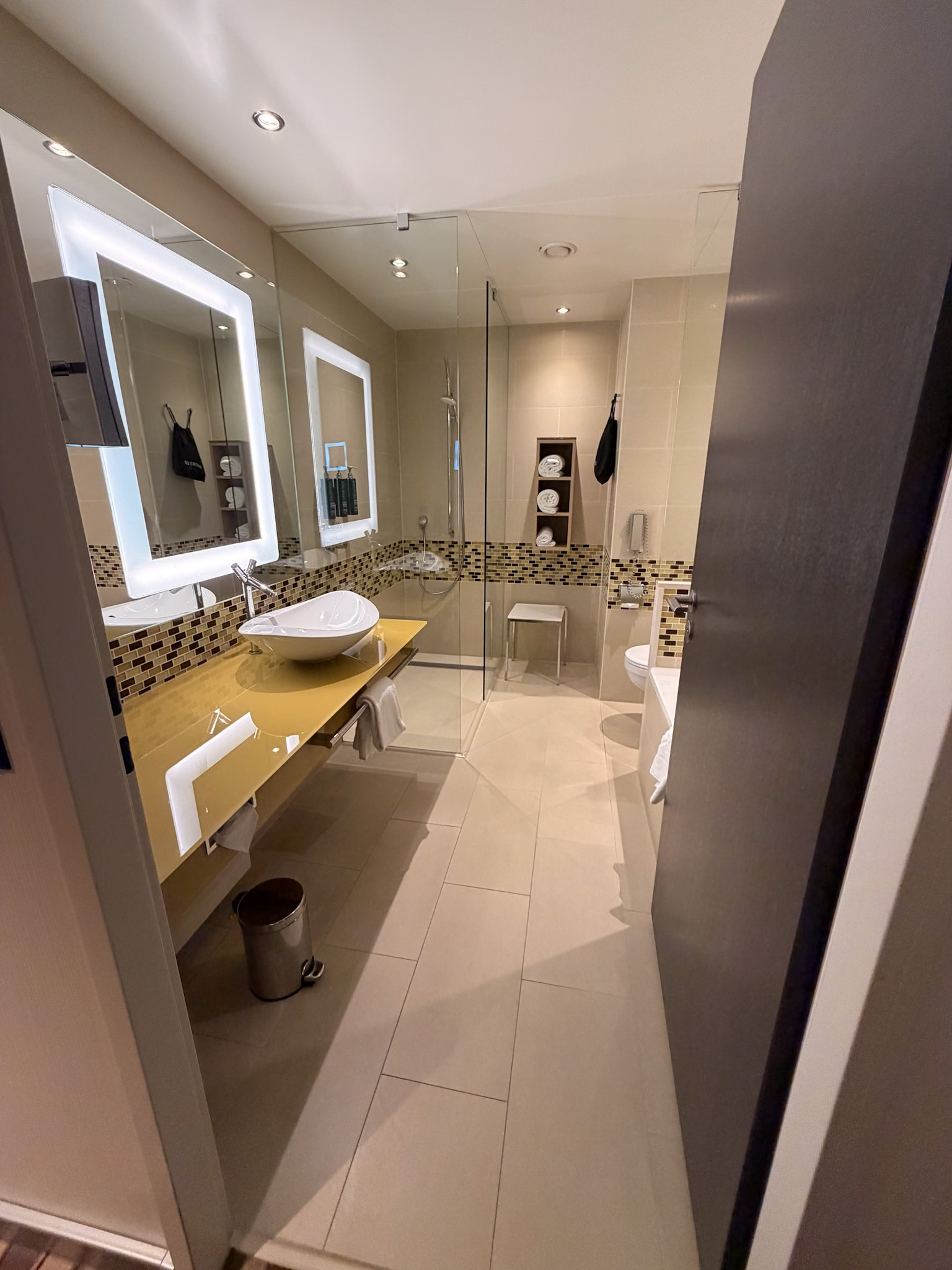 Modern bathroom inside Hilton Frankfurt Airport Hotel during an overnight layover