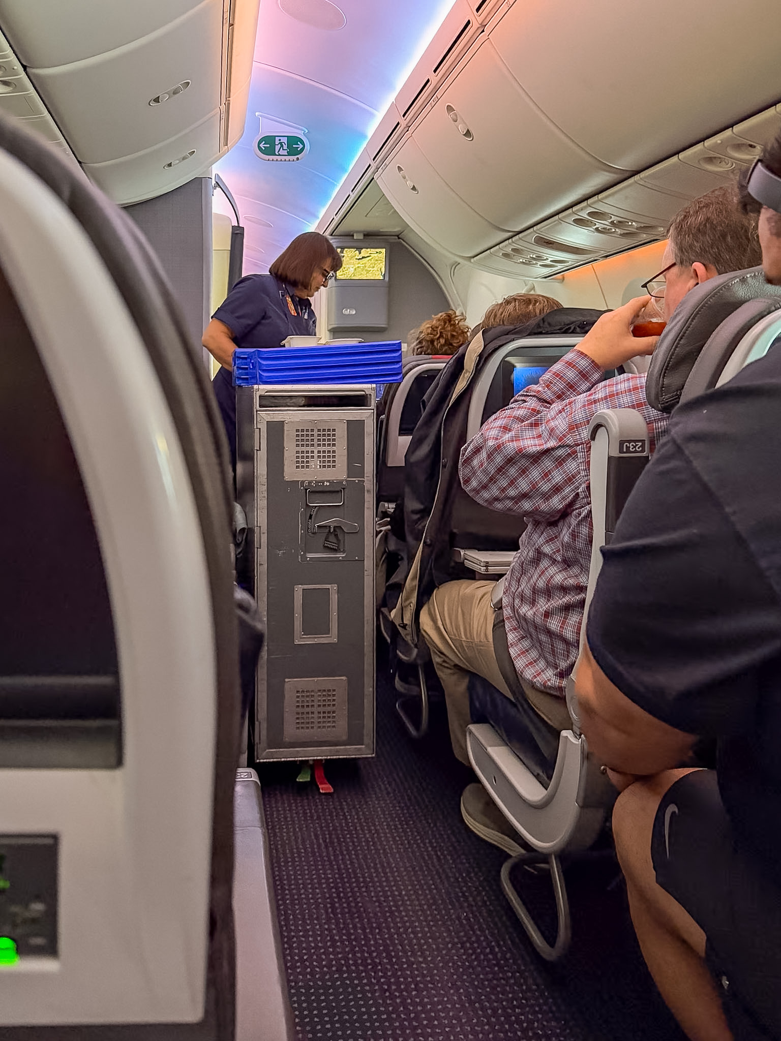 American Airlines international flight review with long-haul airplane meal tray