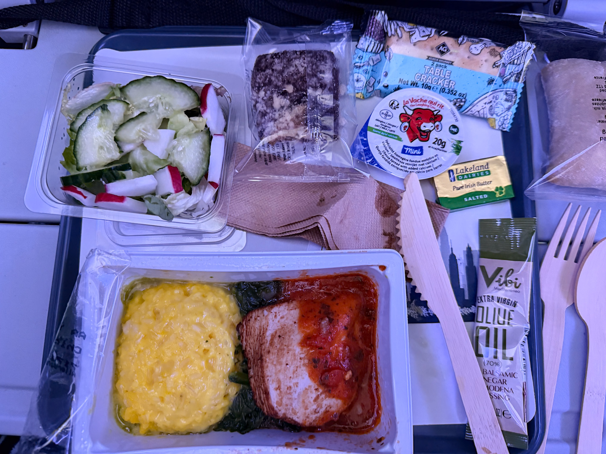 American Airlines international flight review showing travel comfort items