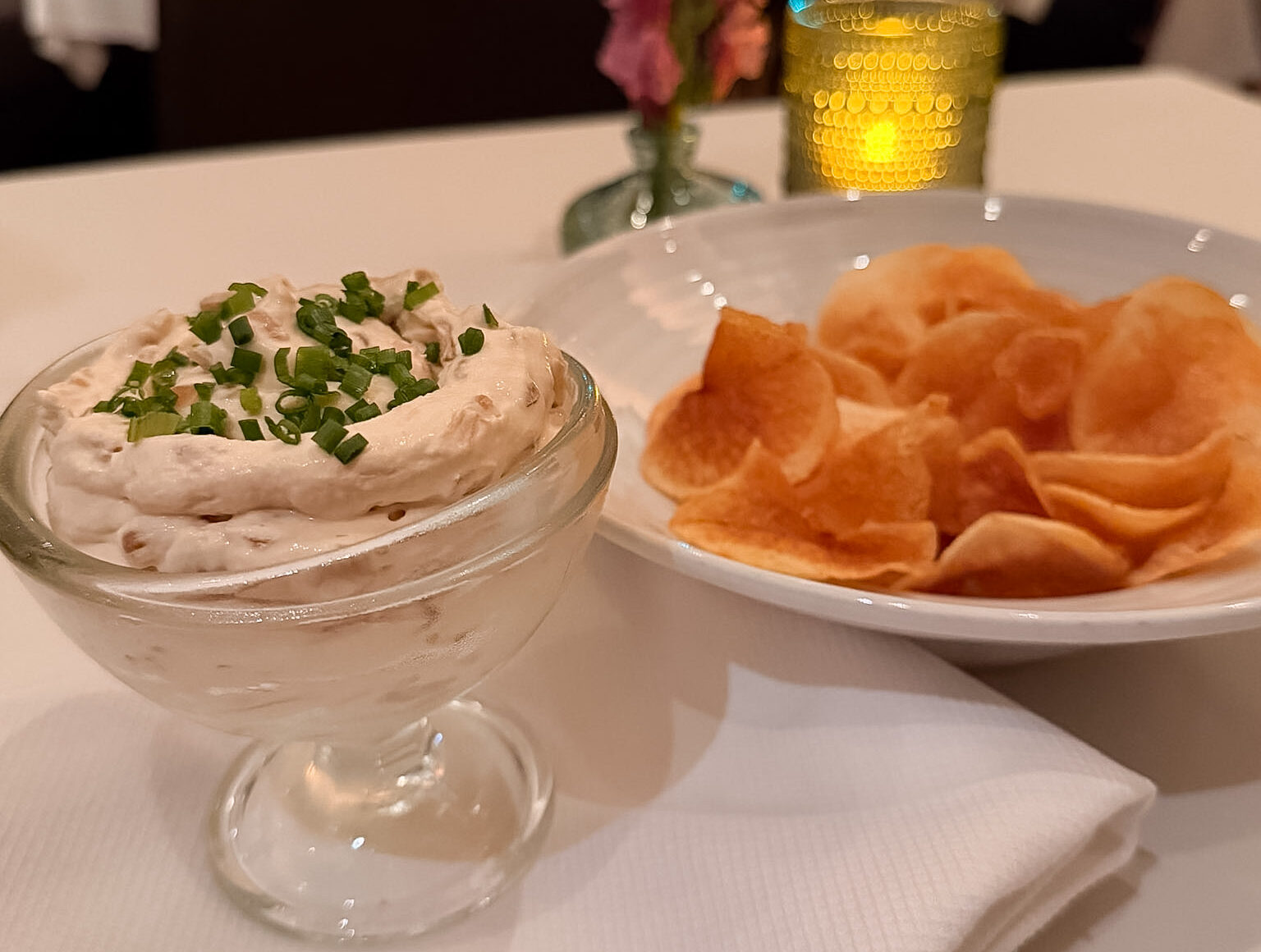 French onion dip at Café Marquesa Key West with thin potato chips