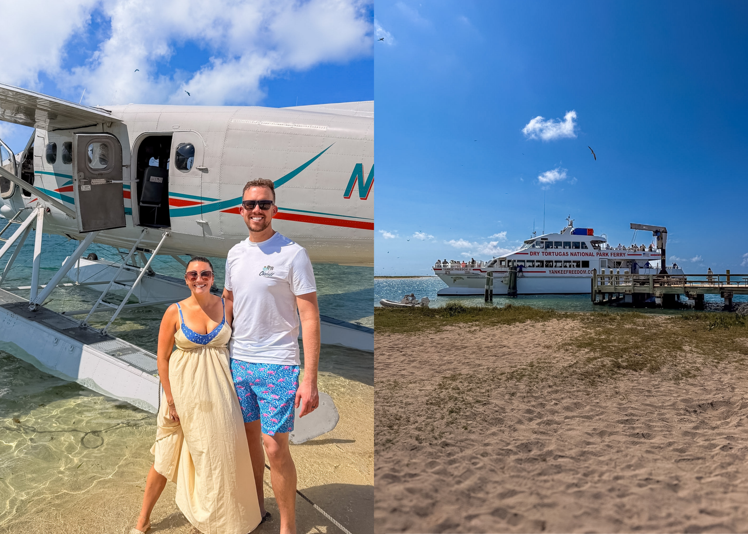 Dry Tortugas ferry vs seaplane comparison with Fort Jefferson surrounded by blue water
