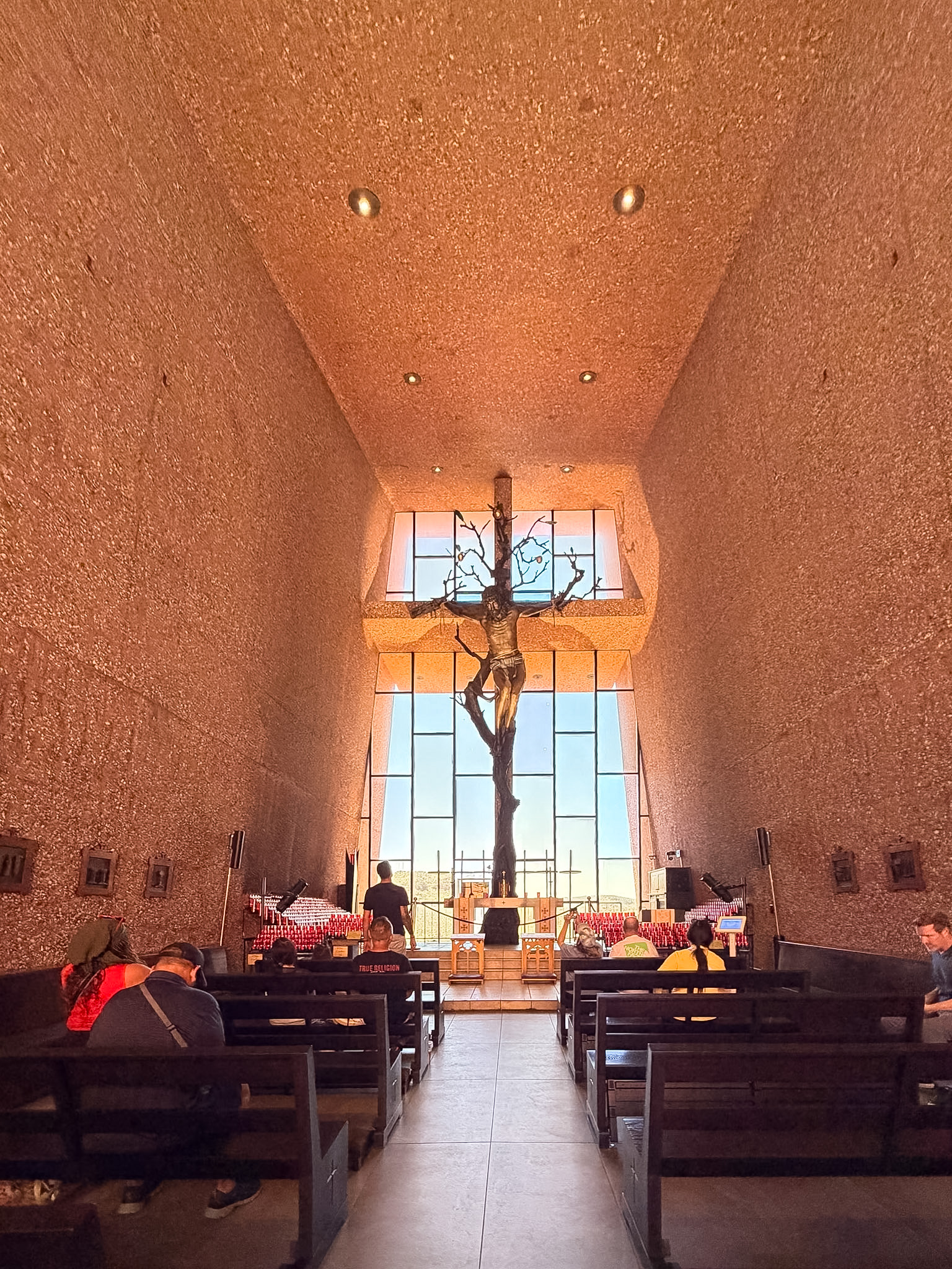 Large windows inside the Chapel of the Holy Cross overlooking Sedona