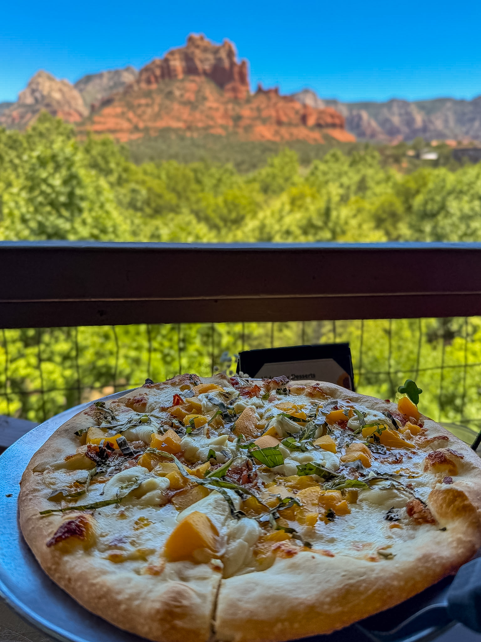 Peach and Pancetta Pizza at Hideaway House, one of the best restaurants in Sedona with a view