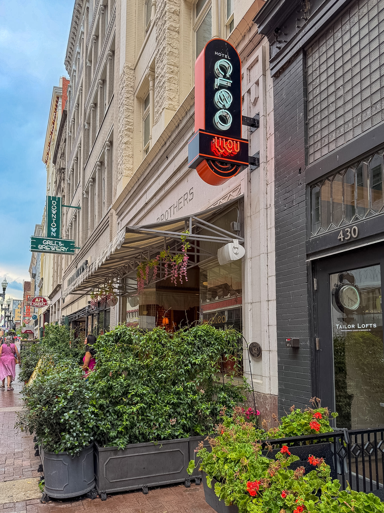 Lilou Knoxville review featuring the exterior entrance at Hotel Cleo on Gay Street
