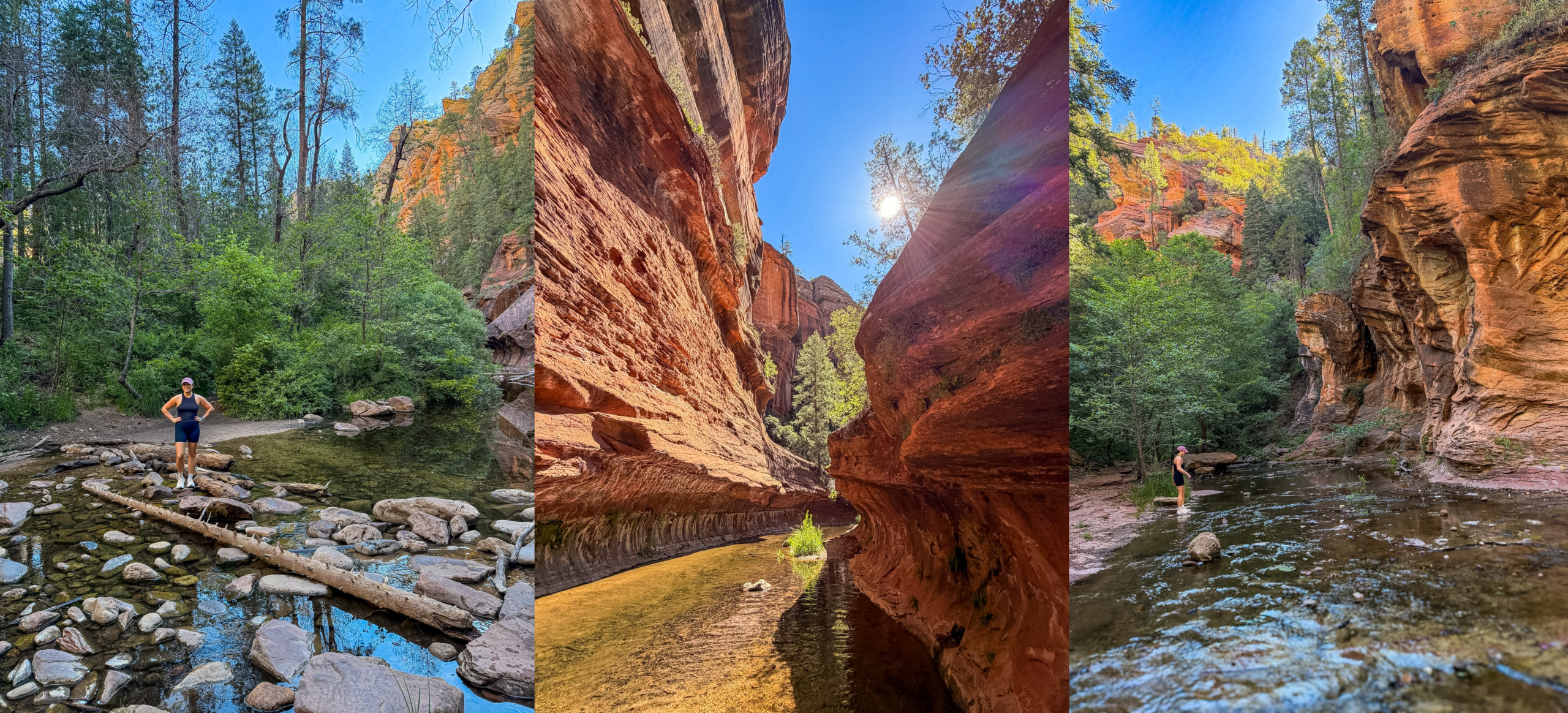 Shaded section of West Fork Trail Sedona surrounded by canyon walls and trees