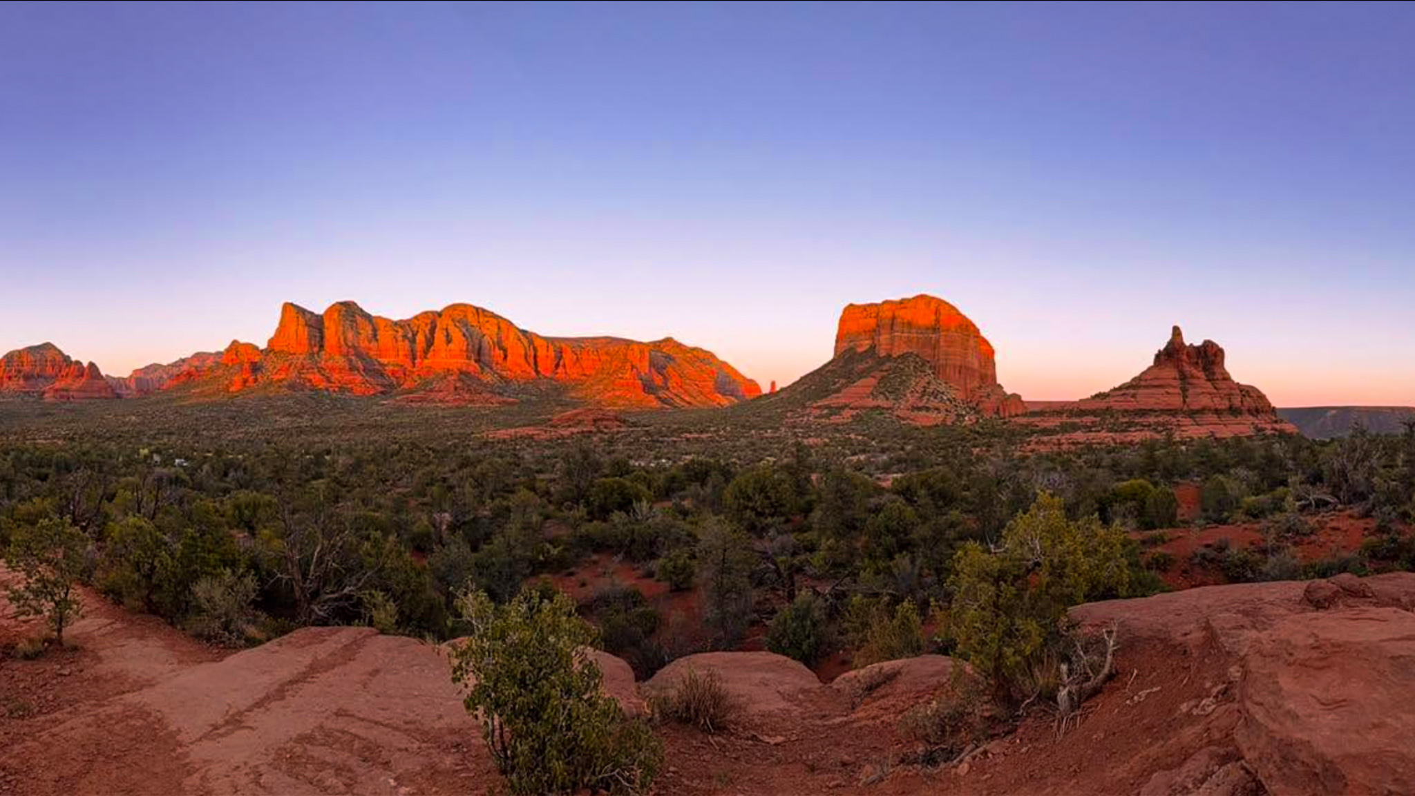 Yavapai Vista Trail at sunset with views of Bell Rock and Courthouse Butte