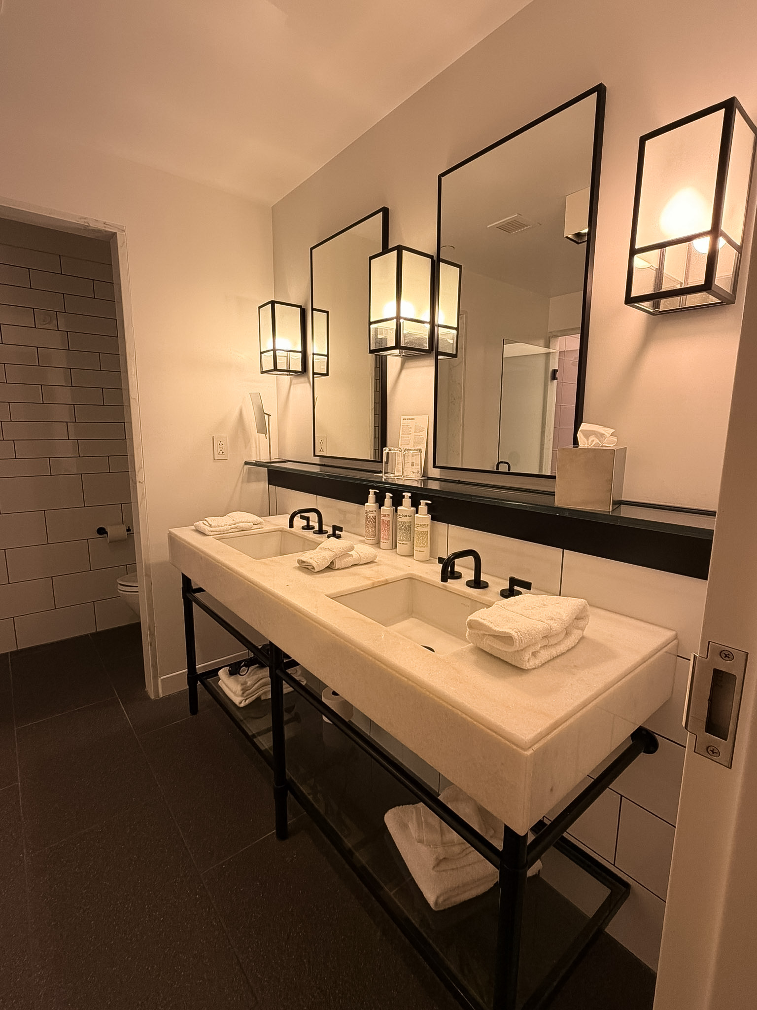 Double vanity and bathroom counter space at 21c Museum Hotel Cincinnati