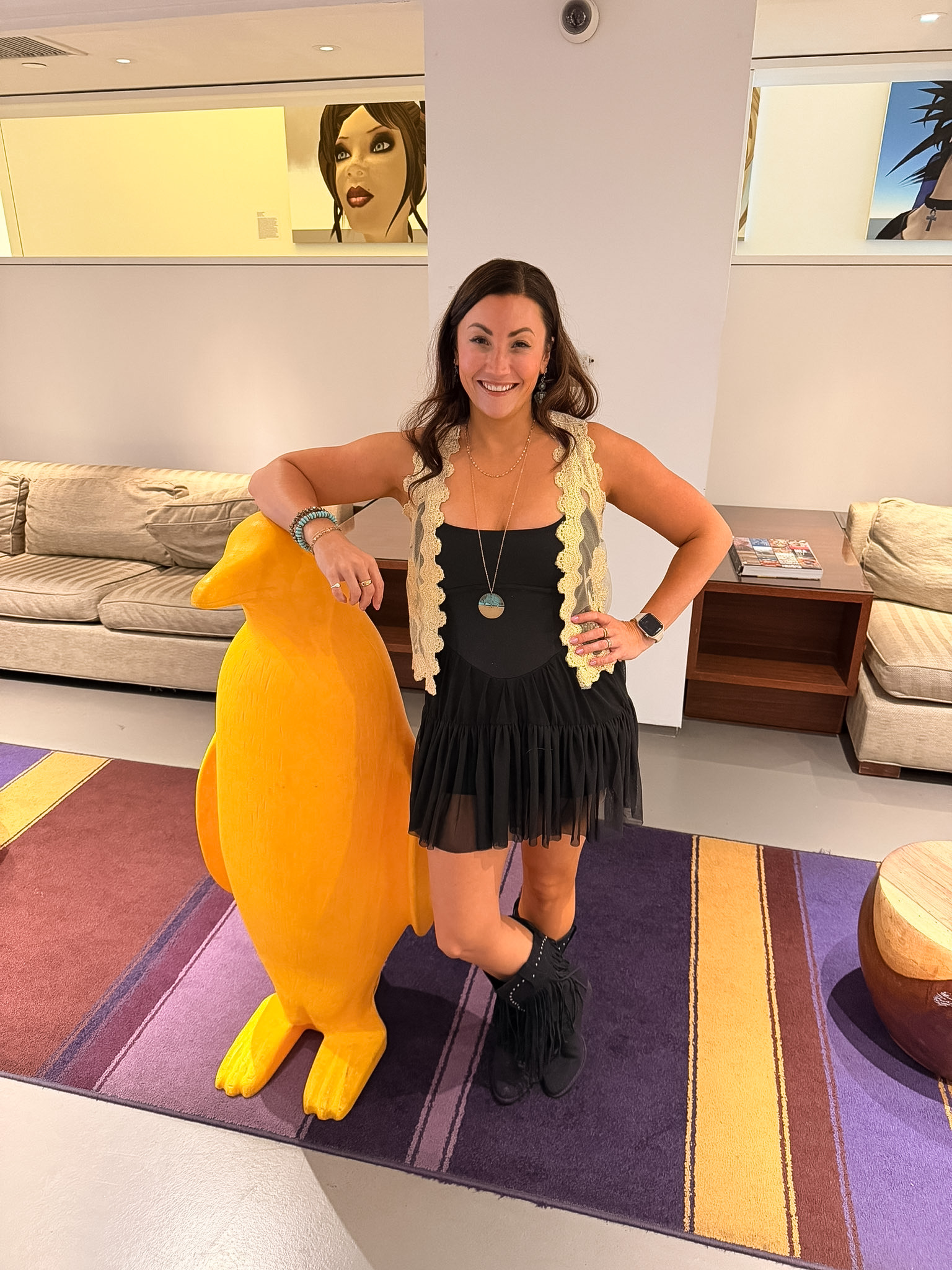 Colorful penguin sculpture outside our room at 21c Museum Hotel Cincinnati