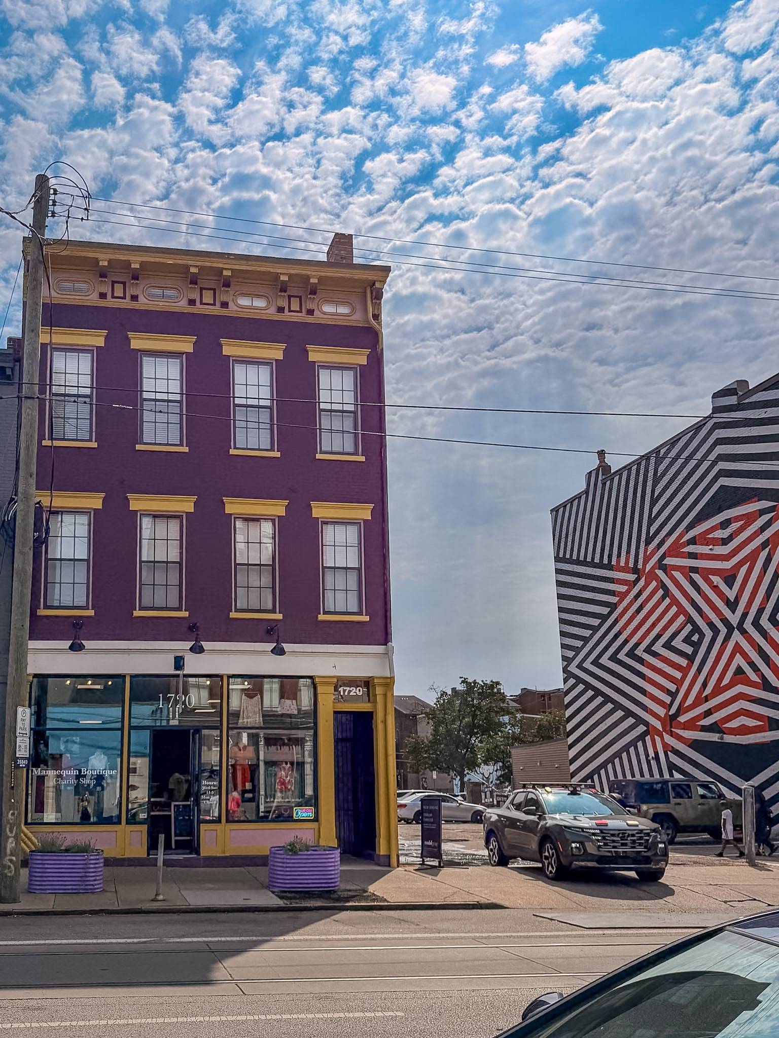 Best Cincinnati Murals featuring the black, white, and red Xylene Projects geometric mural in Over-the-Rhine