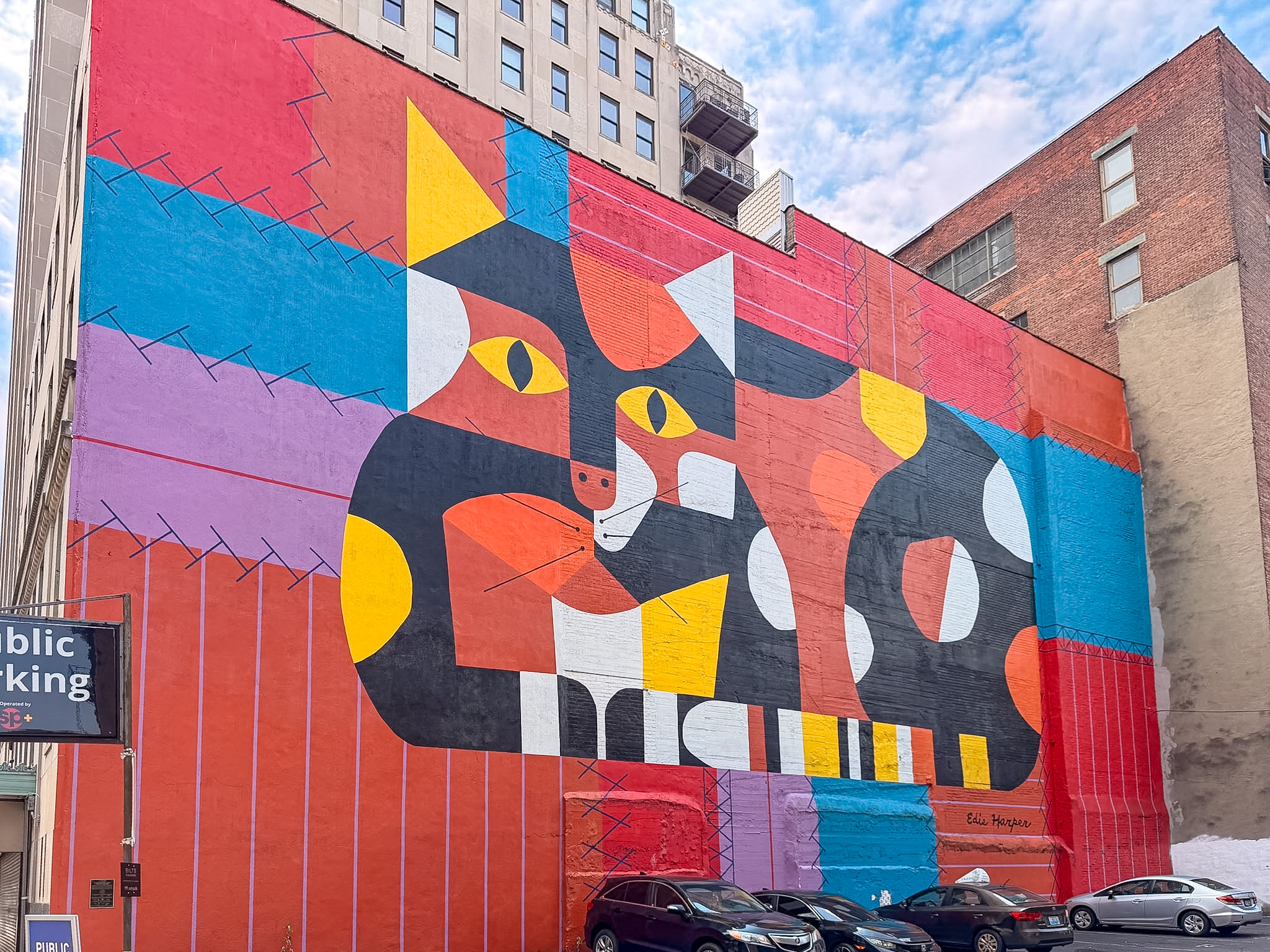Best Cincinnati Murals featuring Edie Harper's colorful Crazy Cat, Crazy Quilt mural