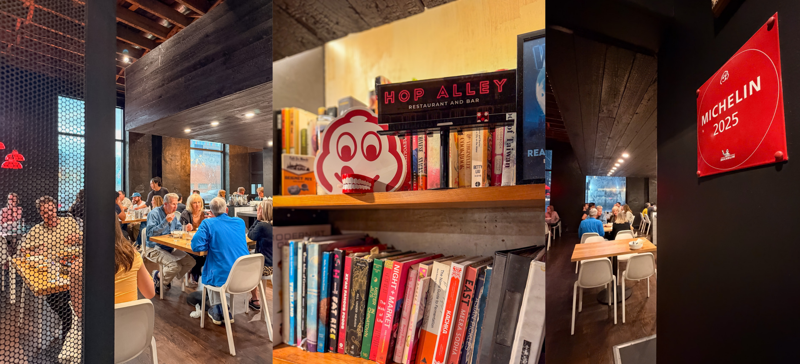 Dinner at Hop Alley Denver with several small, medium, and large dishes for sharing