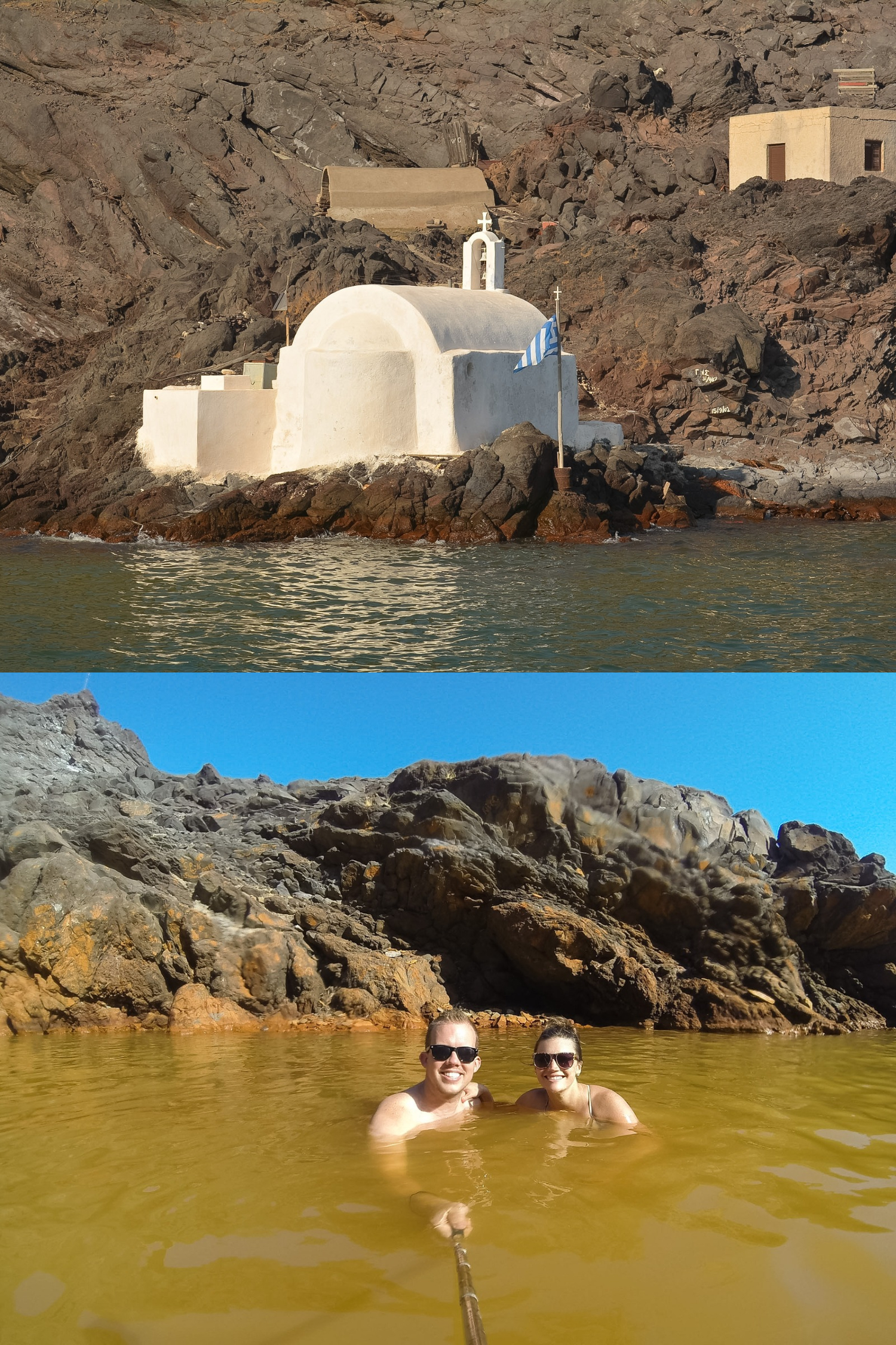 Brownish orange volcanic hot spring water inside Santorini's caldera