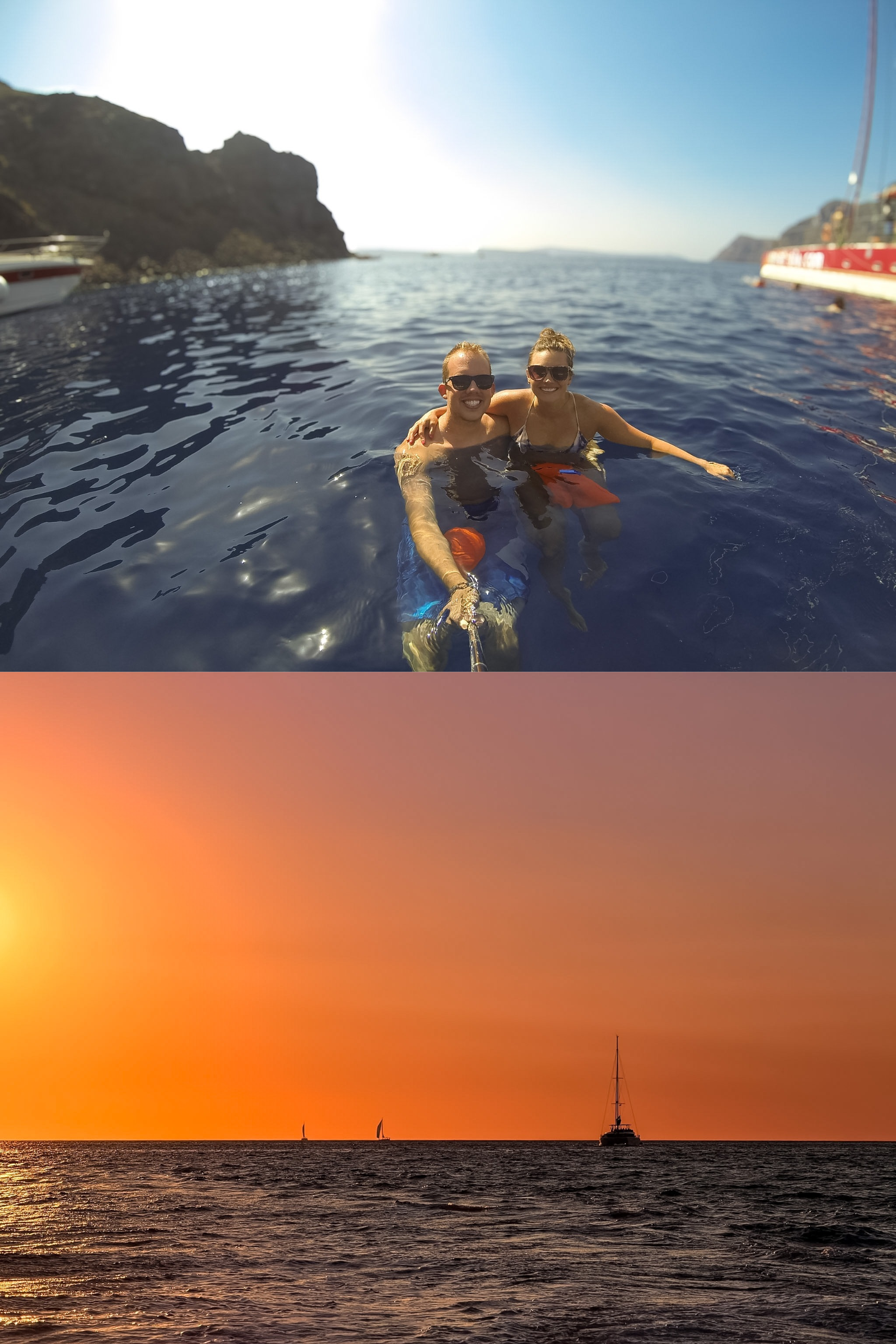 Catamaran sailing through the deep blue Aegean Sea in Santorini Greece Day vs Night