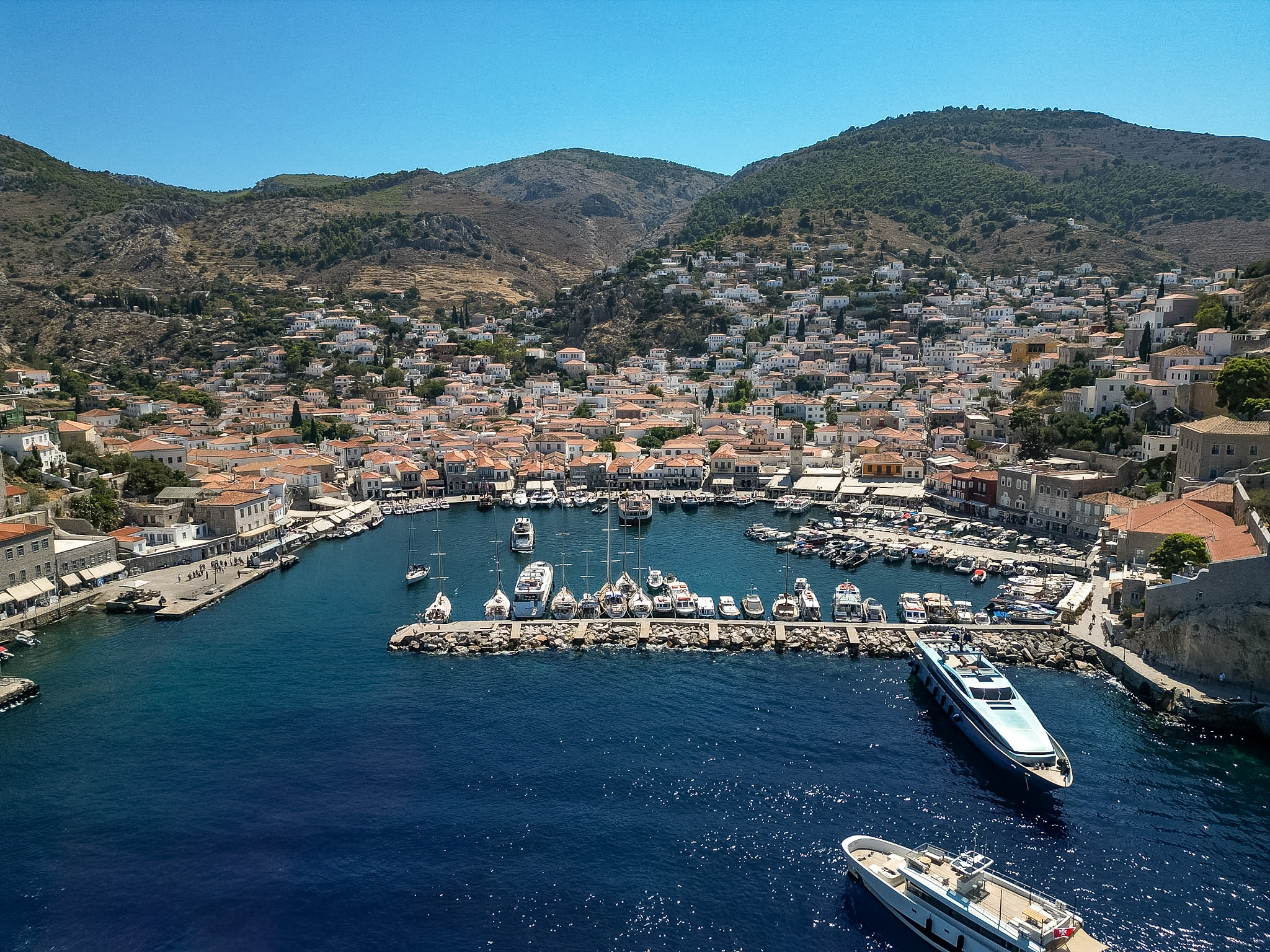 Scenic waterfront views along Hydra Harbor during our one day in Hydra Greece itinerary.