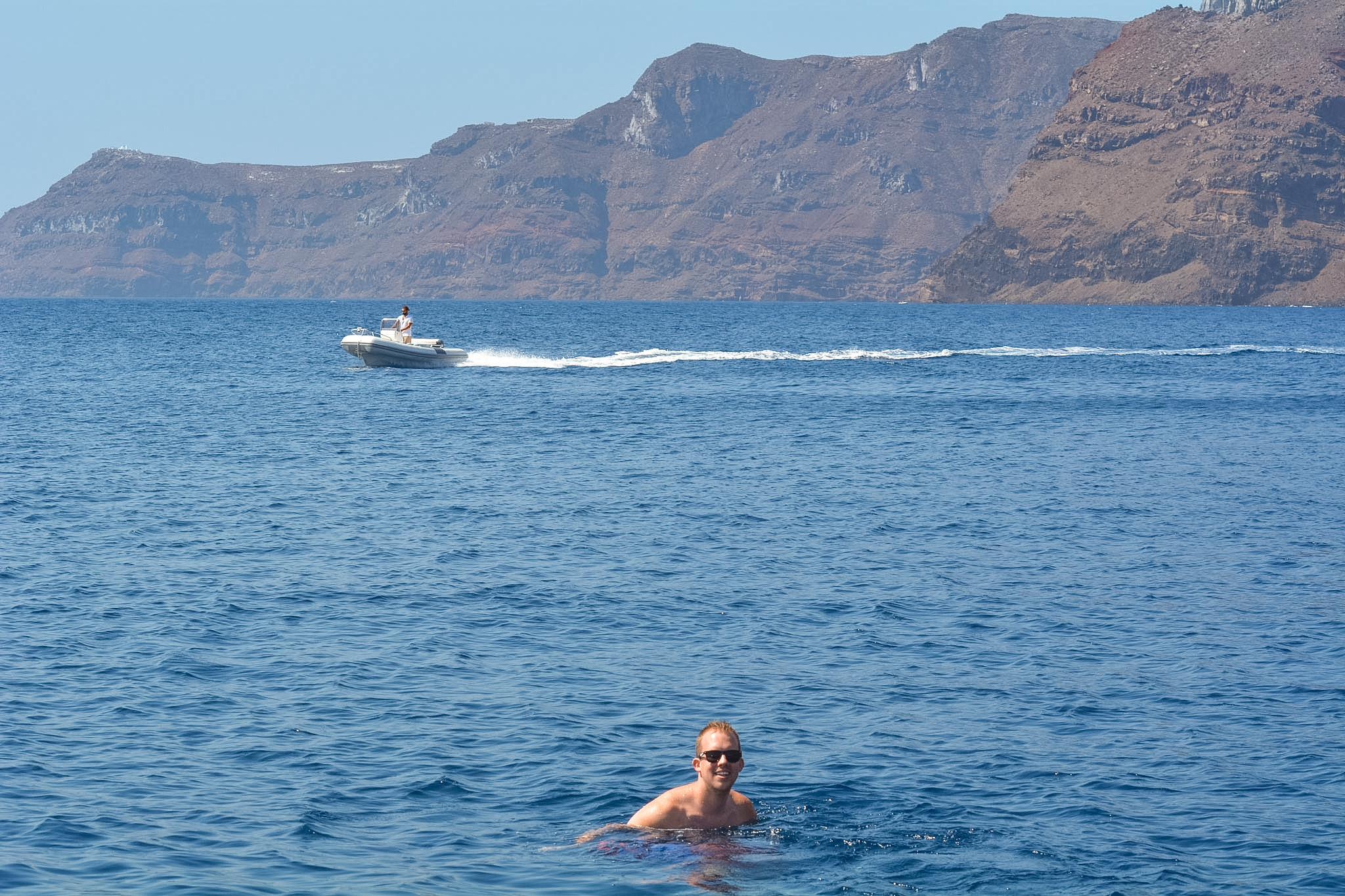 View of Thirassia Island from a Santorini boat cruise