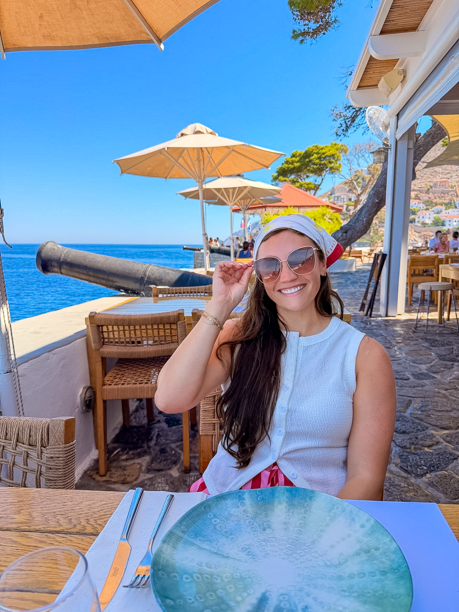 Sunset Restaurant terrace overlooking the Aegean Sea during our Hydra Greece day trip.