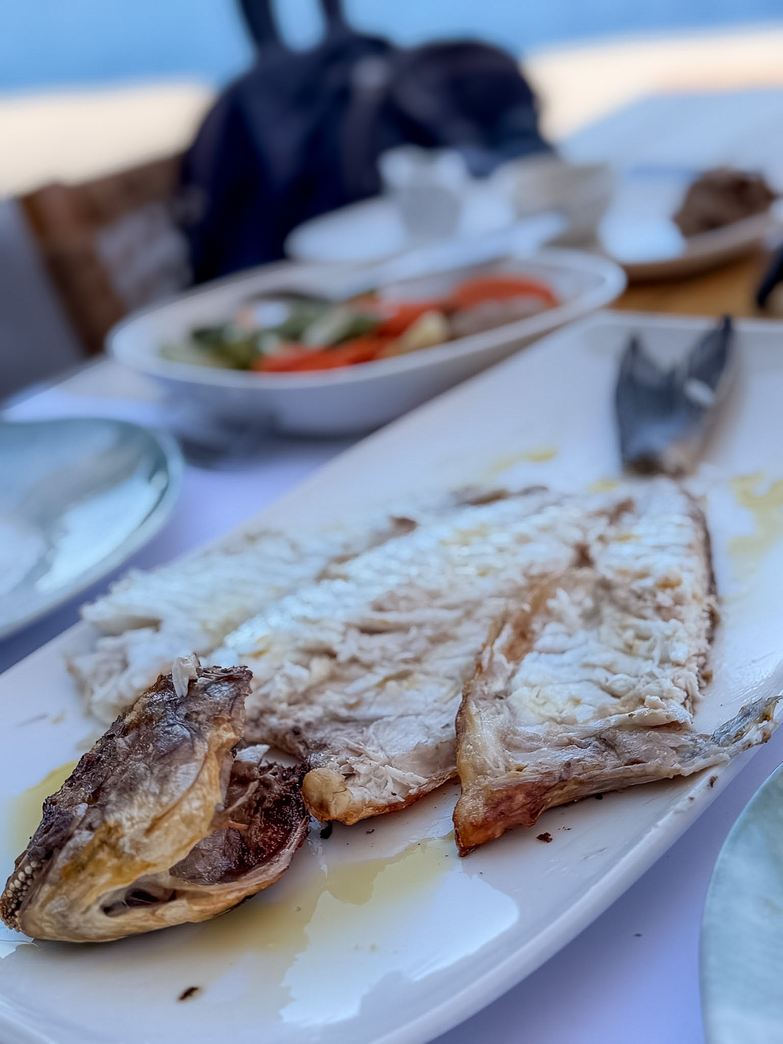 Sunset Restaurant Hydra review featuring the fresh catch of the day, sea bass.