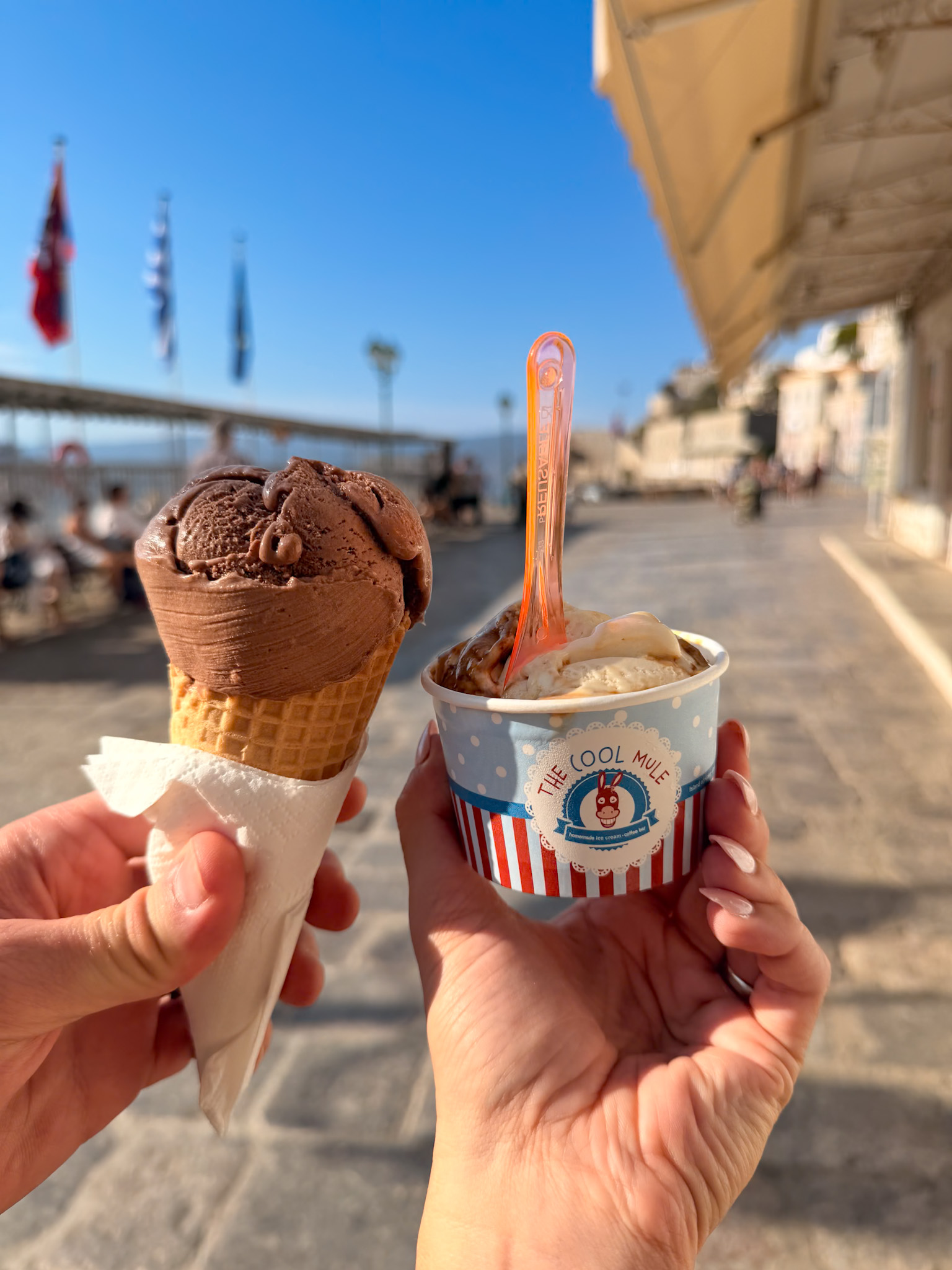 Gelato at The Cool Mule near the ferry port during our one day in Hydra Greece itinerary.