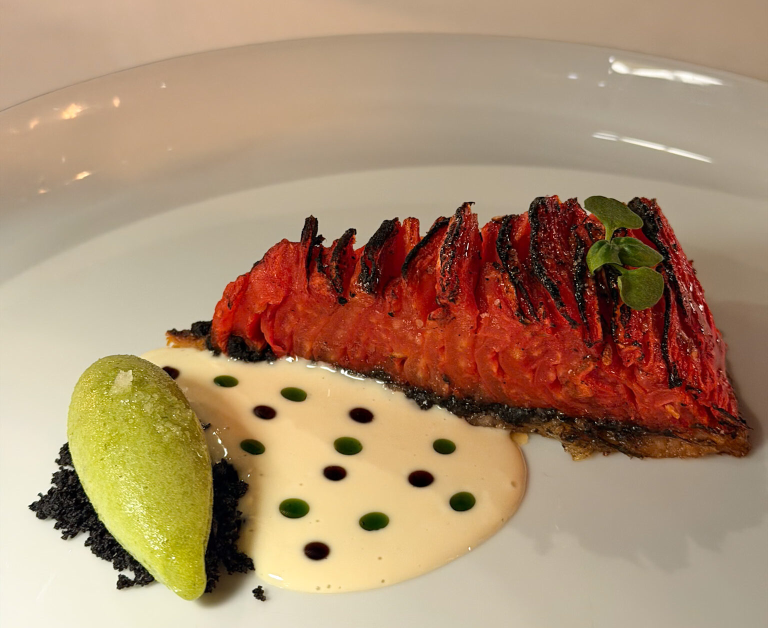 Selene Santorini signature tomato tart with Kariki cheese cream and basil sorbet
