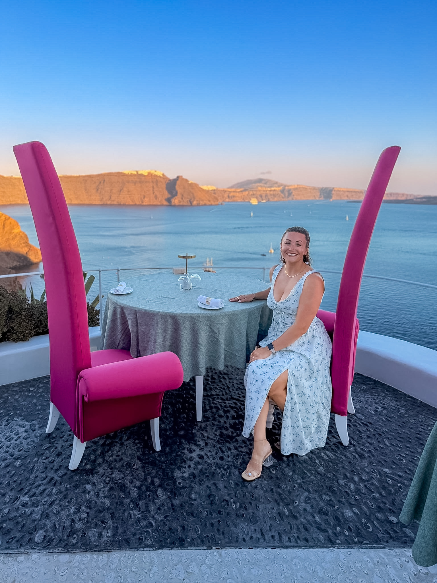 Panoramic caldera views from the Cliff Area at Lycabettus Restaurant in Oia