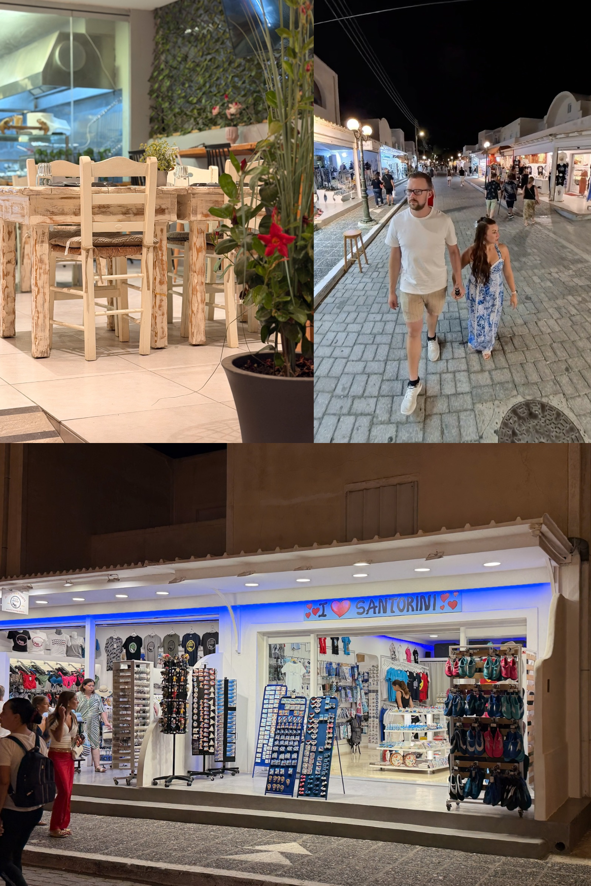 Restaurants and shops along the Kamari Santorini promenade in the evening