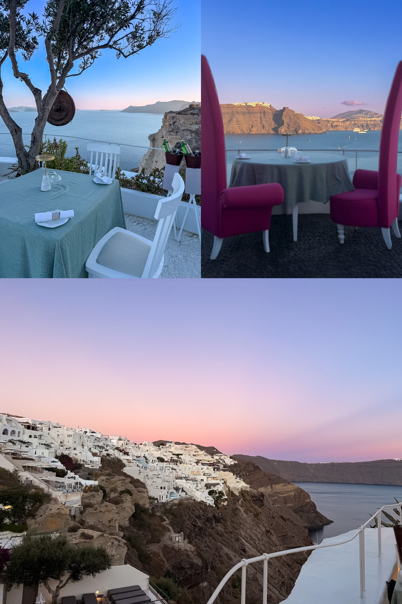 Sunset overlooking whitewashed buildings in Oia from Lycabettus Restaurant