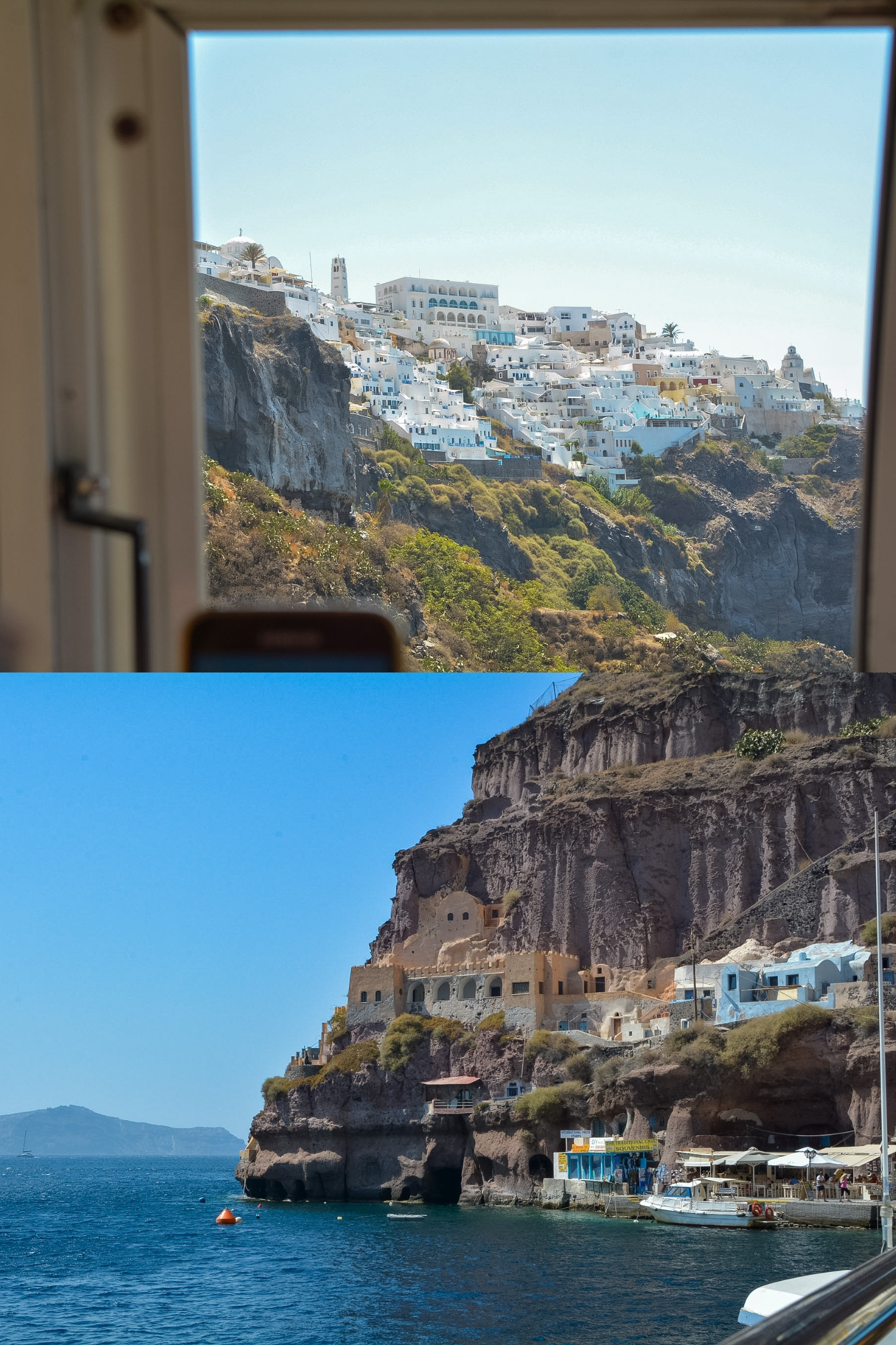 View of Fira's Old Port, cable car, and winding cliffside path