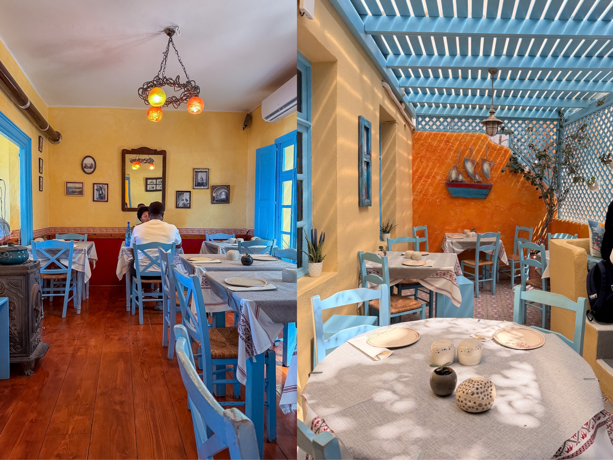 Outdoor restaurant seating at Roka away from the busy pedestrian streets of Oia