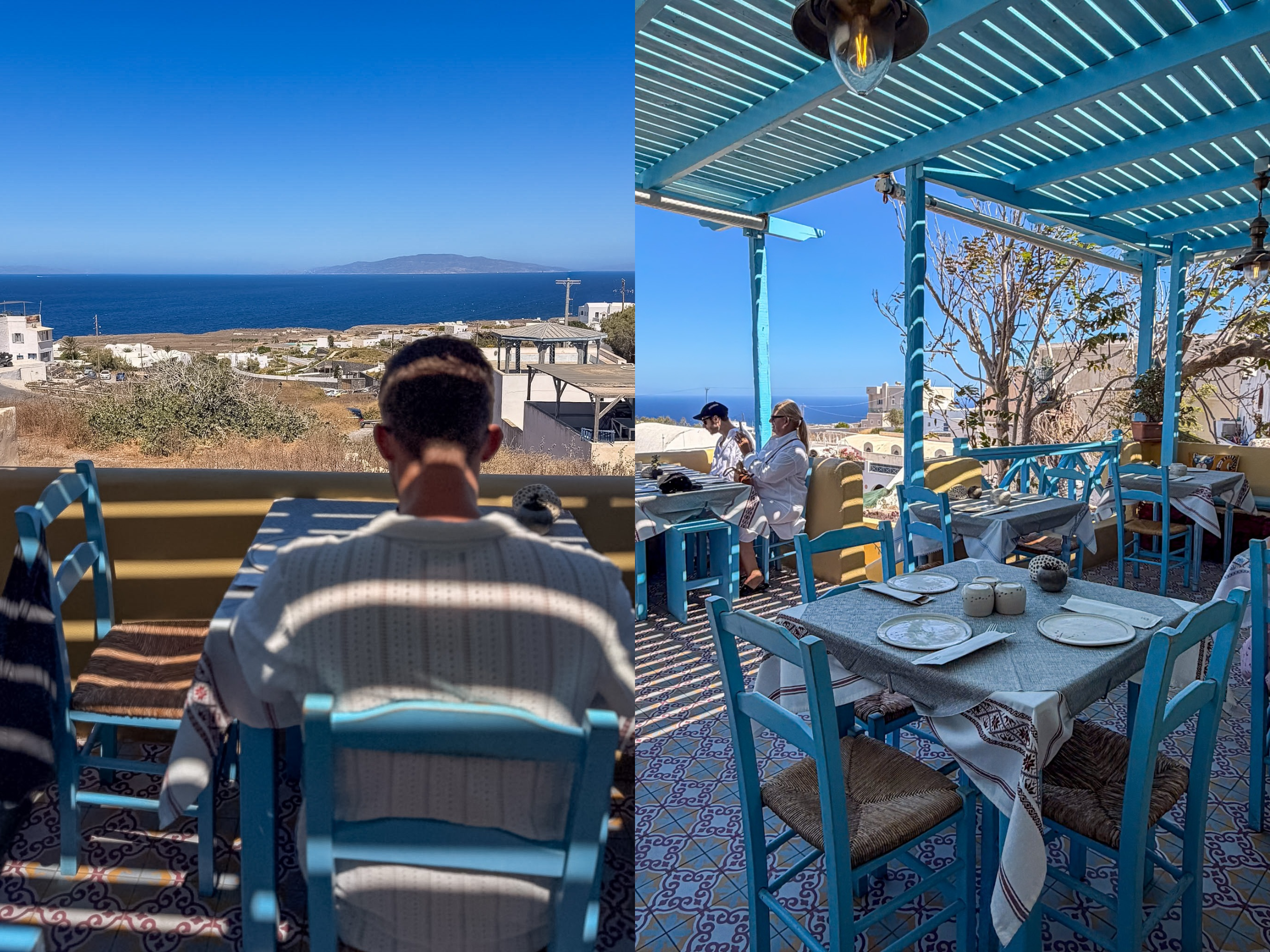 Outdoor dining area at Roka restaurant in Oia with traditional stone walls and greenery