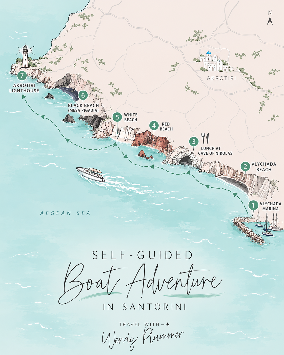 Map of Boat Stops on our Santorini self-drive boat