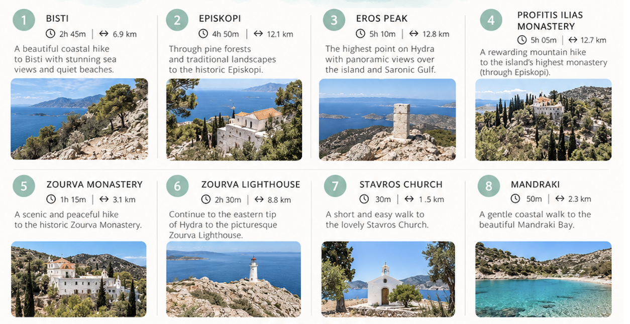 Hiking trail information map near Hydra Harbor showing routes across the Greek island.