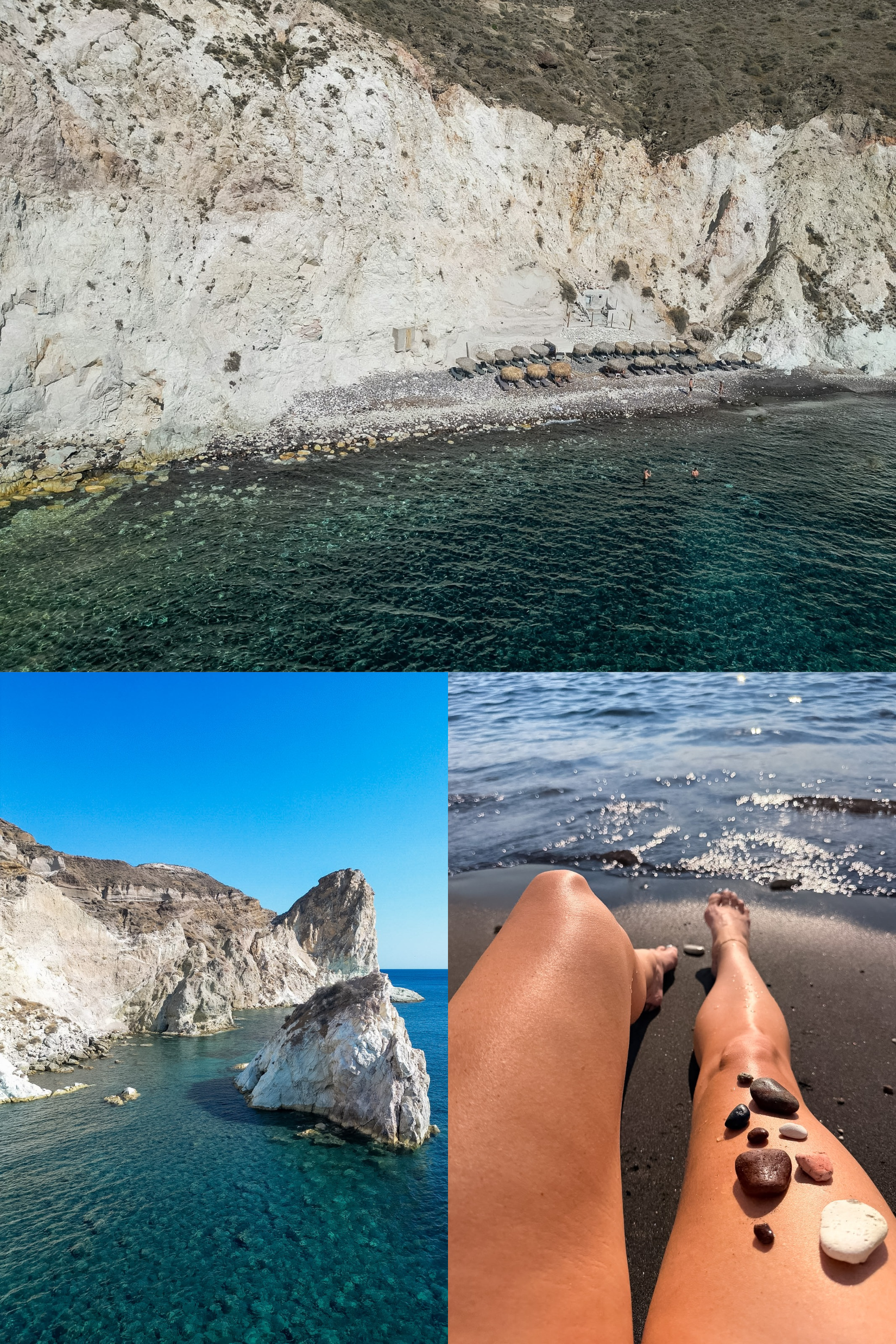 Clear blue Aegean water and white volcanic cliffs at White Beach Santorini
